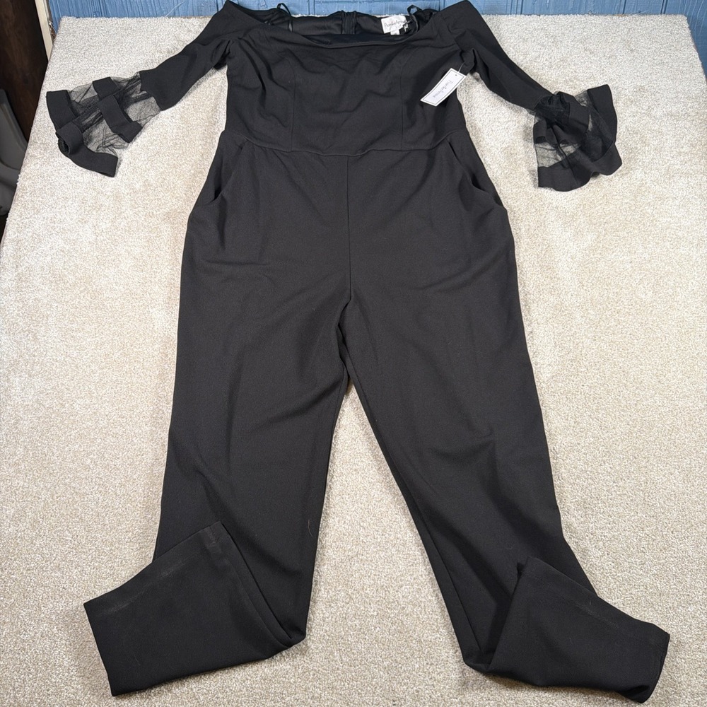 Premier Amour Black Jumpsuit Womens 16 Sheer Chiffon Ruffle Cuffs Cocktail NEW